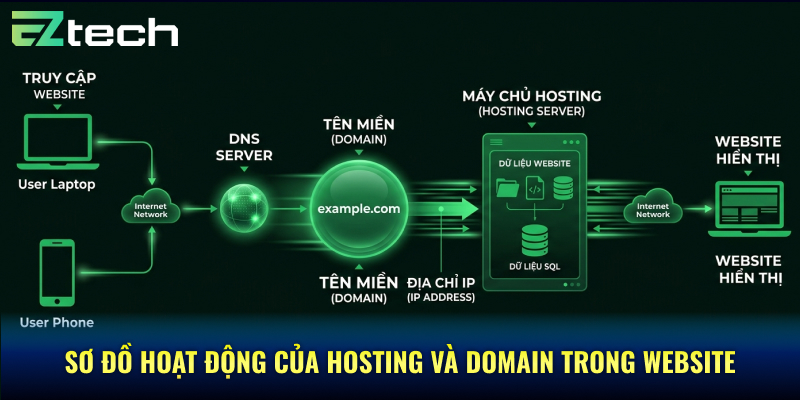 sơ đồ hoạt động của hosting và domain trong website